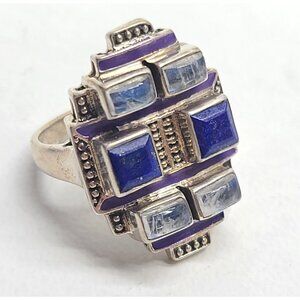 Nicky Butler sterling 925 lapis lazuli moonstone geometric ring purple enamel, 7